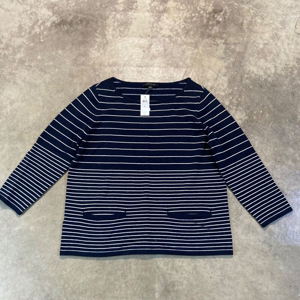 Ann Taylor Sweater Womens Large Navy Blue Striped Welt Pocket Wool Blend